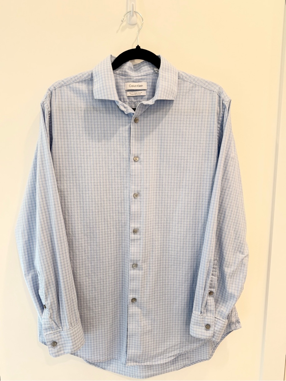Calvin Klein Dress Shirt Slim Fit Blue White Plaid Check Large L 16.5 32/33